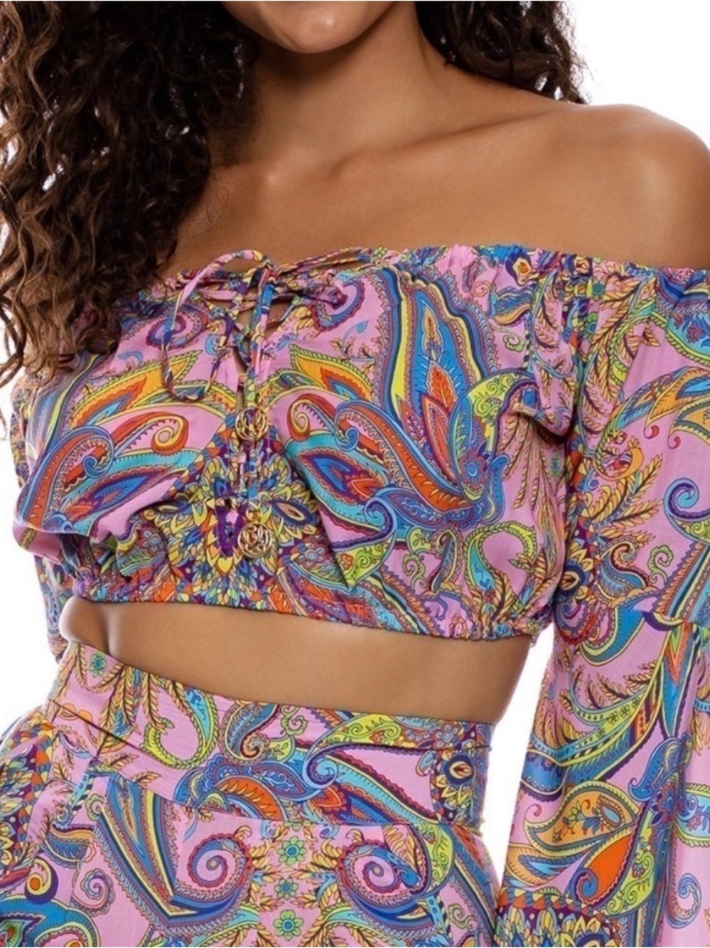 Luli Fama Pink Paisley Off Shoulder Crop Top Bell Sleeve Medium NWOT